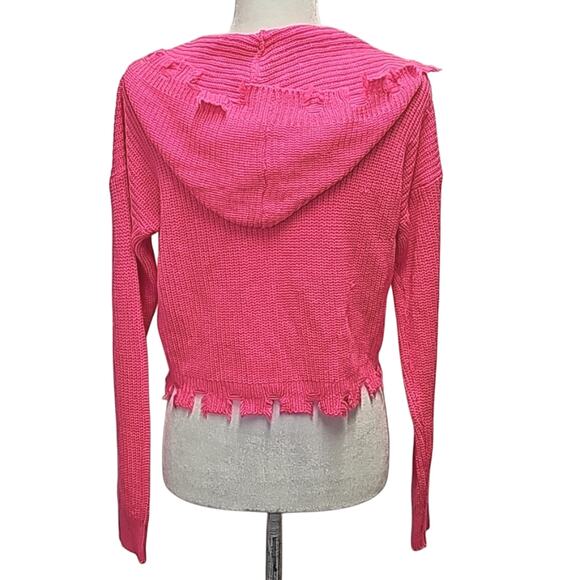 Trendy Threads Hot Pink Distressed Full Zip Cropped Sweater Hoodie Womans Size M - Picture 4 of 9